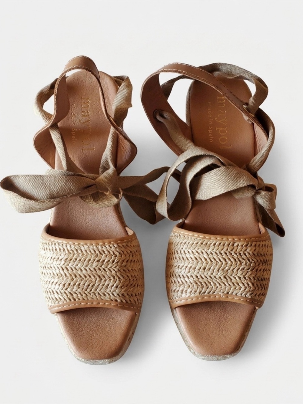 Maypol Shoe Size 40 Tan Raffia Leather Open Toe Wedge Wrap Ankle Strap Shoes